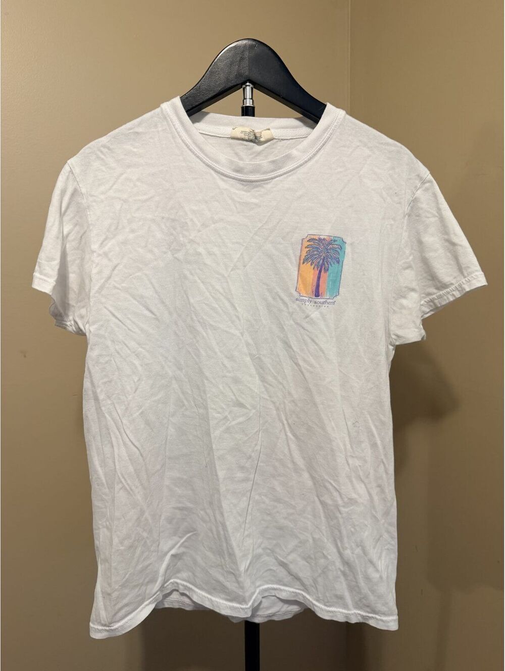 Simply Southern Gray Palm Tree Graphic Short Sleeve Tee Small 100% Cotton